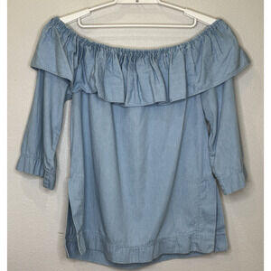 Vintage Bis Gene Ewing Chambray Top Womens Size P Small 3/4 Off Shoulder Sleeve